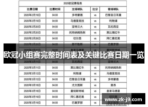 欧冠小组赛完整时间表及关键比赛日期一览